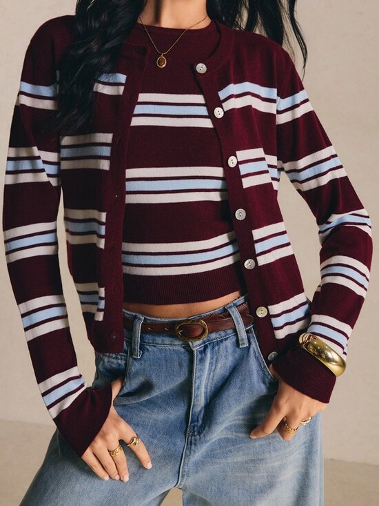Sweaters - Multicolor Casual Women's Wear Striped Knit Set Round Neck Cardigan And Camisole